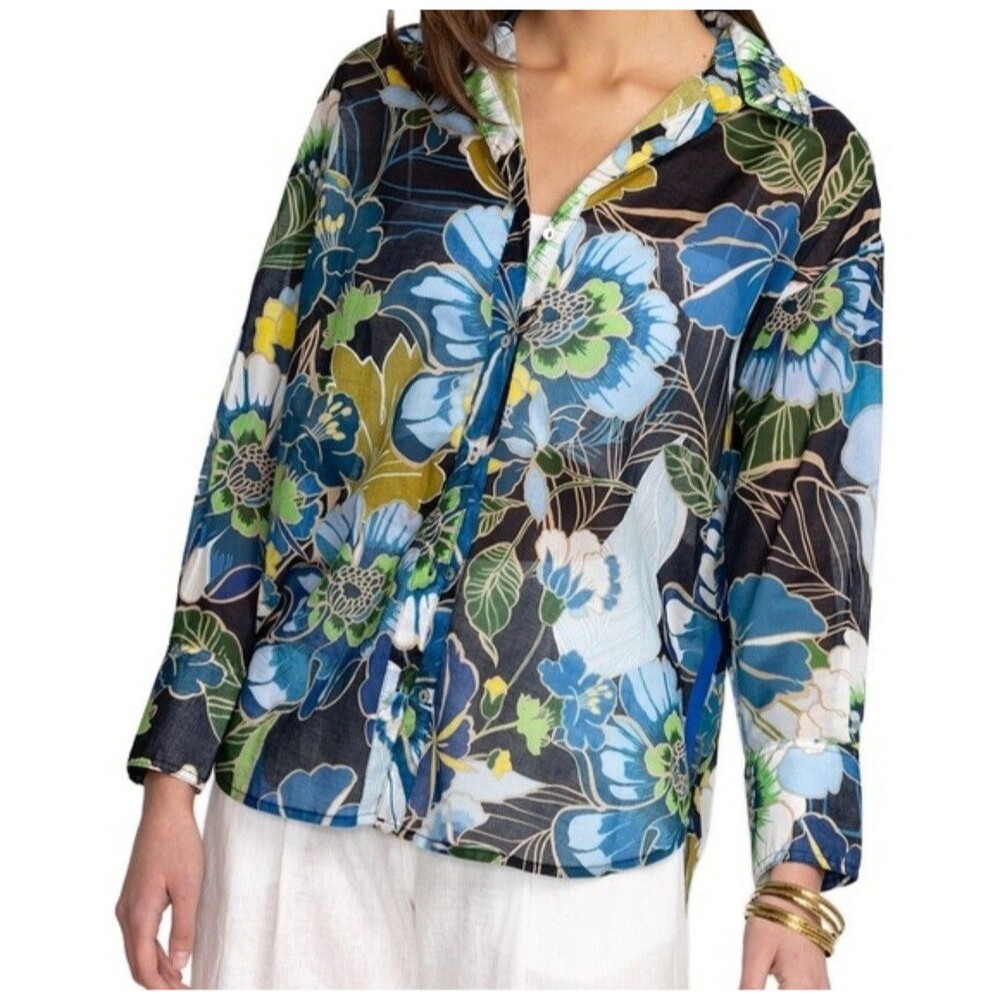 Johnny Was Jenn Curved Hem Tunic Floral Button-up Shirt Tropical Oversized M